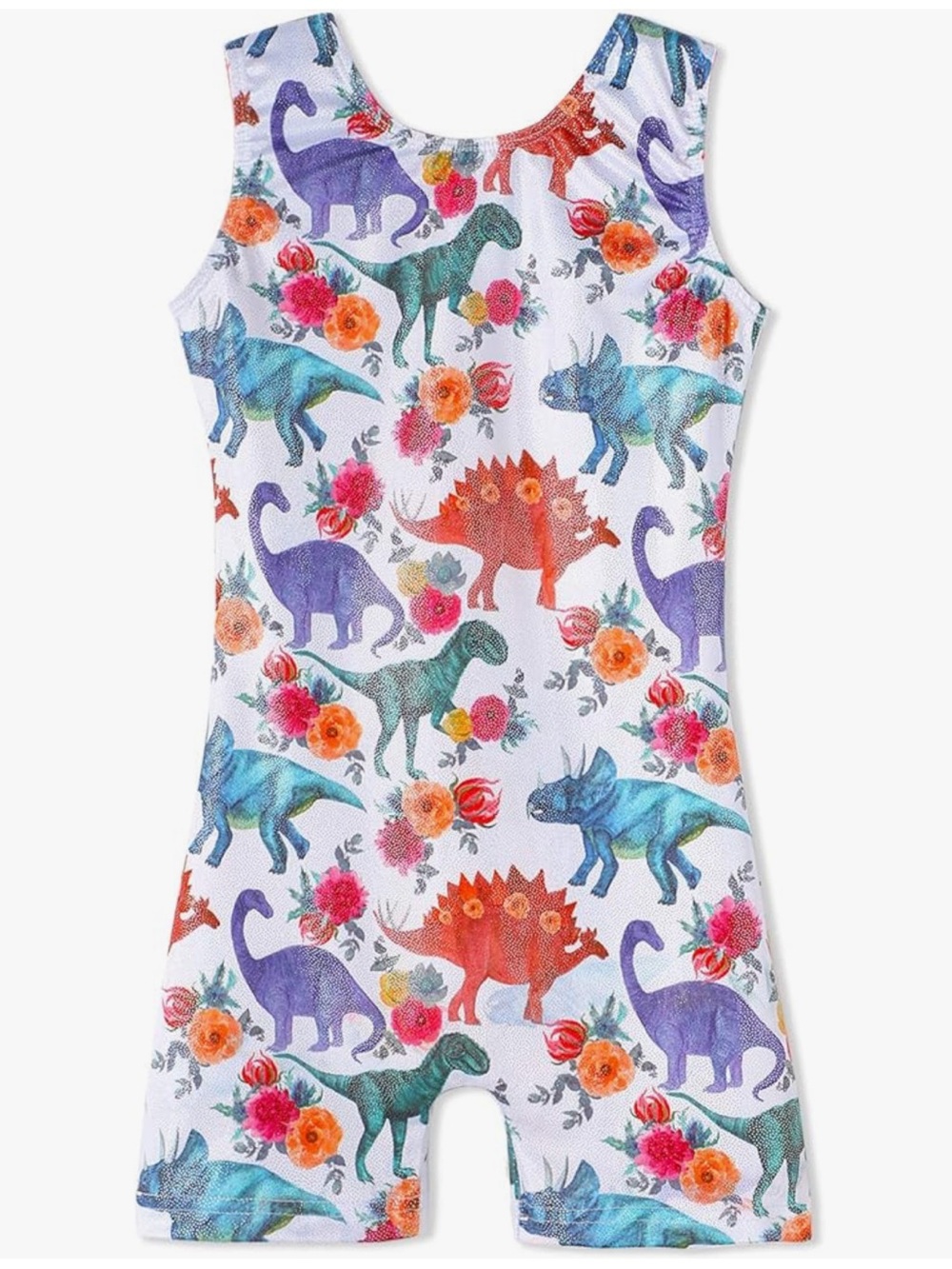 Girls White Dino Floral Print Gymnastics Leotard Sz 4-5t
